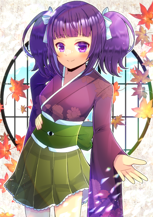 1girl autumn_leaves blunt_bangs blush bow closed_mouth commission green_skirt hair_bow hand_on_own_hip japanese_clothes kimono kou_hiyoyo leaf long_sleeves looking_at_viewer maple_leaf obi original pleated_skirt purple_hair purple_kimono sash skeb_commission skirt smile solo twintails violet_eyes white_bow wide_sleeves