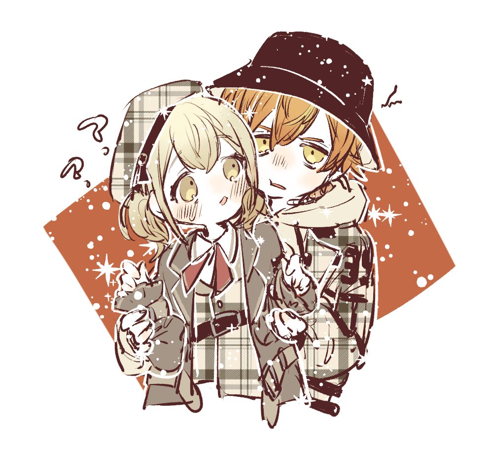 1boy 1girl ? azusawa_kohane bandaid bandaid_on_neck belt black_headwear blonde_hair blush collared_shirt commentary_request dizzy_trap_(project_sekai) girly_check_girl_(project_sekai) hat lapels long_sleeves looking_at_another looking_at_viewer multicolored_hair notched_lapels open_mouth orange_eyes poppu_usagi project_sekai shinonome_akito shirt short_hair short_twintails streaked_hair twintails upper_body