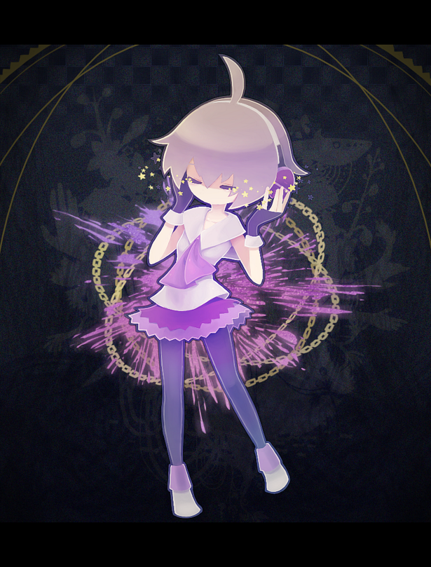 1girl abstract_background ahoge chain fingerless_gloves gloves hands_on_headphones headphones naname_(fossama1) neckerchief nia_(pop'n_music) no_mouth pantyhose pop'n_music purple_hair purple_neckerchief purple_skirt shirt skirt solo star_(symbol) tearing_up violet_eyes white_shirt