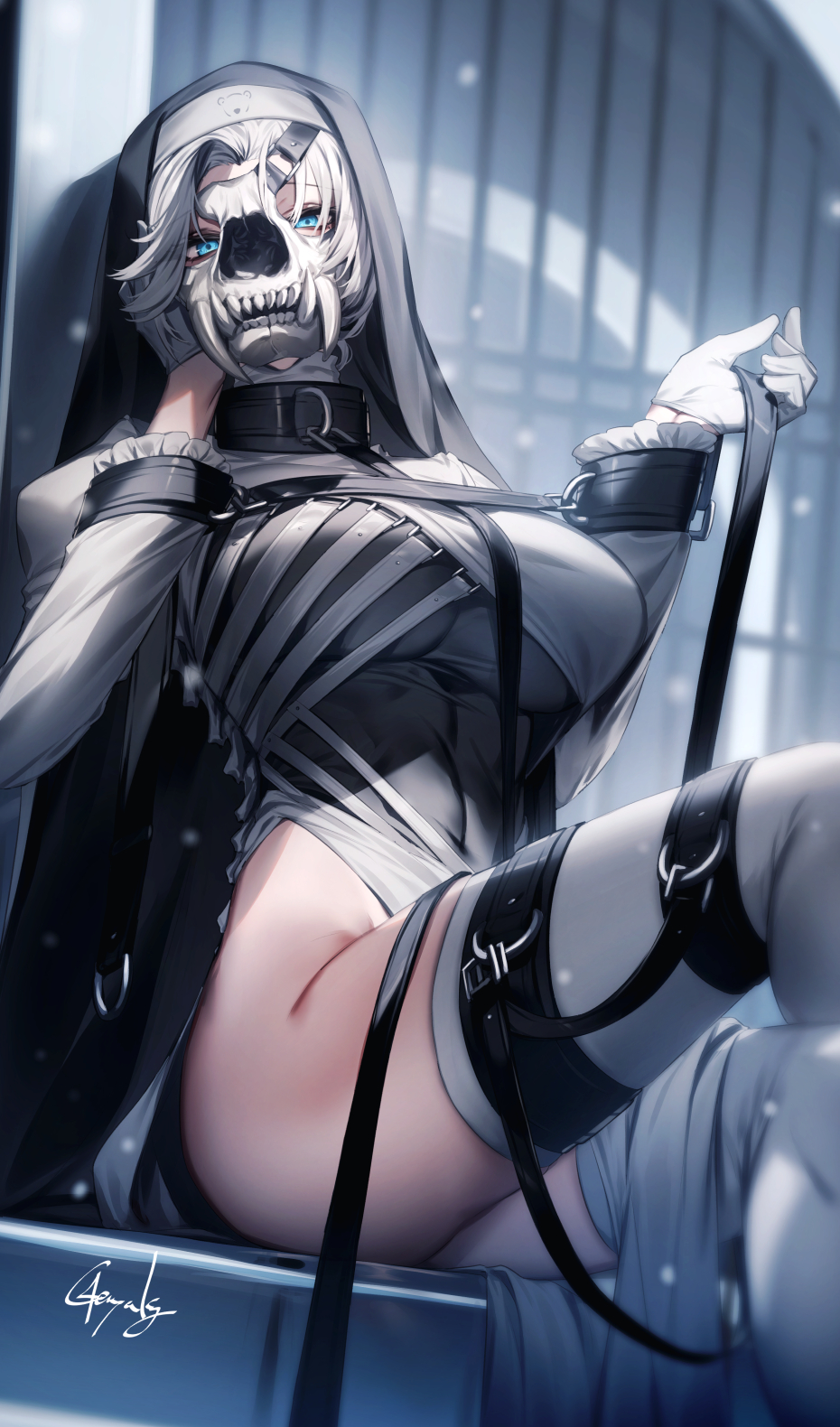 1girl black_veil blue_eyes bound breasts collar fangs genyaky gloves highres large_breasts leg_up looking_at_viewer mask no_panties original short_hair sitting solo thigh-highs thighs veil white_gloves white_hair white_thighhighs