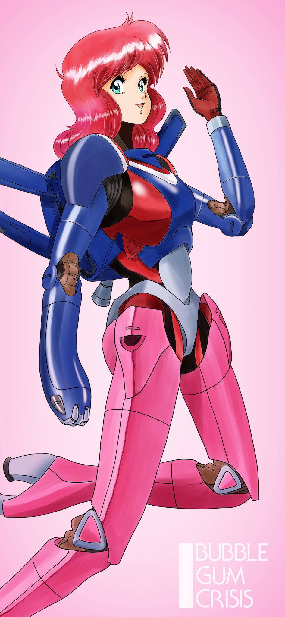 1girl airborne bubblegum_crisis copyright_name from_side gloves green_eyes high_heels highres leaning_forward liqueur_(retroot1) medium_hair nene_romanova open_mouth pink_background pink_hair red_gloves science_fiction smile solo thrusters