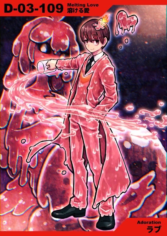 ahoge black_footwear black_necktie bright_pupils brown_eyes brown_hair candle closed_mouth coat collared_jacket collared_shirt commentary_request cup dark_background e.g.o_(project_moon) employee_(lobotomy_corporation) flower full_body hair_flower hair_ornament half-closed_eyes hand_in_pocket heart holding holding_cup jacket light_smile lobotomy_corporation long_hair looking_at_viewer meimaru_inuchiyo melting_love monster_girl necktie numbered pants partial_commentary pink_coat pink_hair pink_jacket pink_pants project_moon shirt shoes short_hair slime_girl solid_eyes spilling white_pupils white_shirt