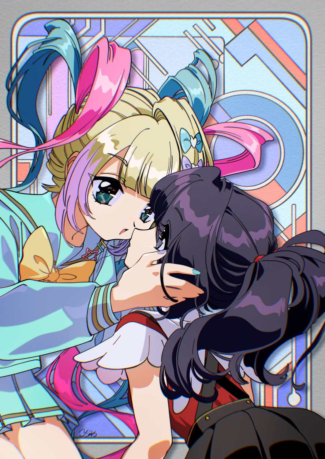 2girls ame-chan_(needy_girl_overdose) black_eyes black_hair black_skirt blonde_hair blue_bow blue_eyes blue_hair blue_shirt blue_skirt bow chouzetsusaikawa_tenshi-chan collared_shirt dual_persona eye_contact face-to-face hair_bow hand_on_another's_face highres hrn_yc jirai_kei long_hair long_sleeves looking_at_another medium_hair multicolored_hair multiple_girls multiple_hair_bows needy_girl_overdose open_mouth pink_hair pleated_skirt purple_bow quad_tails red_shirt sailor_collar school_uniform serafuku shirt shirt_tucked_in skirt smile suspender_skirt suspenders twintails very_long_hair yellow_bow