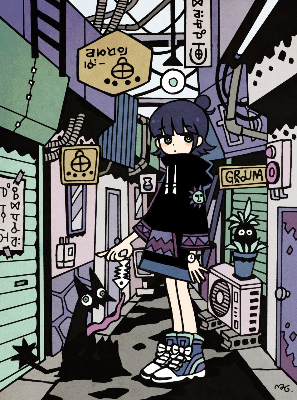 1girl artist_name black_hair expressionless fish_skeleton full_body garouma grey_eyes highres medium_hair original outdoors plant potted_plant shoes sign solo standing tape watch watch