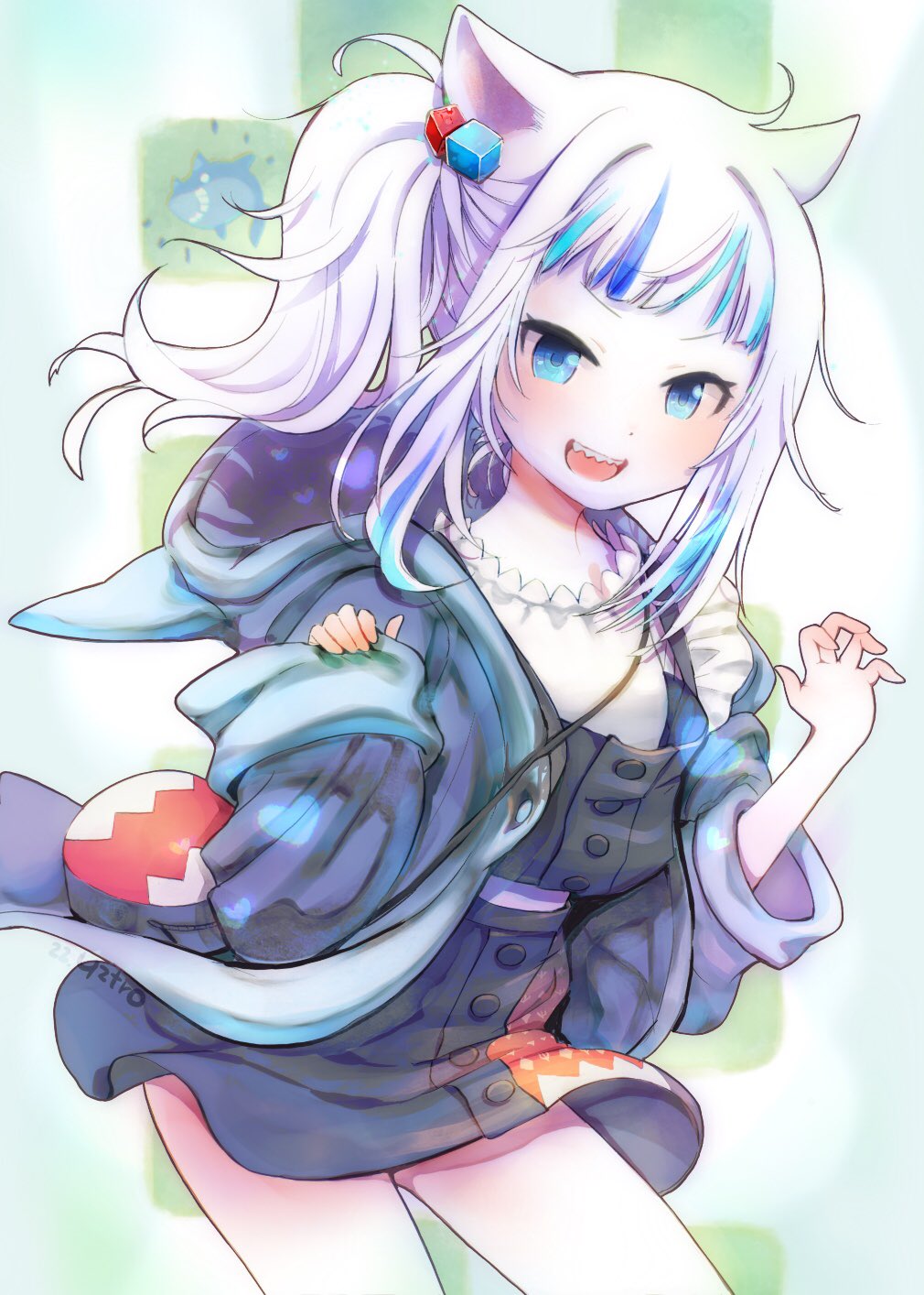 1girl animal_ears animal_hood animal_motifs blue_eyes blue_jacket blush cat_ears commentary_request gawr_gura highres hololive hololive_english hood jacket partial_commentary shark_girl shark_hood toro_astro virtual_youtuber white_hair