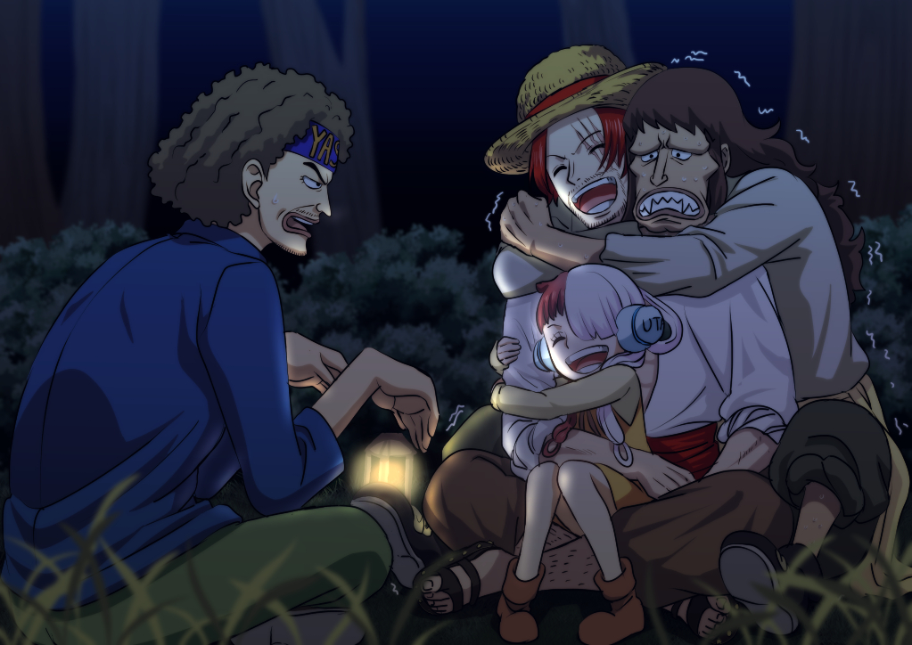 1girl 3boys aged_down brown_hair character_name closed_eyes curly_hair facial_hair fangs father_and_daughter hair_over_one_eye happy hat headband howling_gab laughing long_hair medium_hair multicolored_hair multiple_boys musasabiop night one_piece one_piece_film:_red open_mouth redhead scar scar_across_eye shanks_(one_piece) short_hair smile split-color_hair straw_hat streaked_hair twintails two-tone_hair uta_(one_piece) yasopp