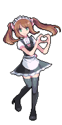 1girl apron black_dress bow brown_hair dress green_eyes heart heart_hands high_heels idolmaster idolmaster_side-m looking_at_viewer lowres maid maid_apron maid_headdress mizushima_saki naname_(fossama1) pink_bow pixel_art shirt simple_background smile solo standing standing_on_one_leg thigh-highs transparent_background twintails white_shirt zettai_ryouiki