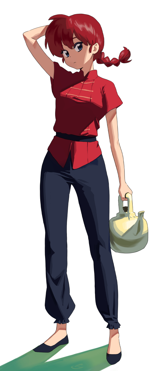 1girl blue_hair braid braided_ponytail closed_mouth genderswap genderswap_(mtf) hand_in_own_hair highres holding holding_teapot long_hair pants ranma-chan ranma_1/2 redhead shirt shoes short_sleeves simple_background solo some1else45 standing teapot white_background