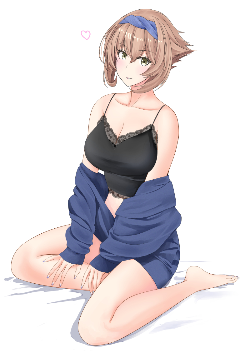 1girl barefoot black_camisole blue_hairband blue_jacket breasts brown_hair camisole collarbone full_body green_eyes hairband jacket kantai_collection large_breasts looking_at_viewer mutsu_(kancolle) open_clothes open_jacket short_hair simple_background sitting solo takase_asagiri white_background