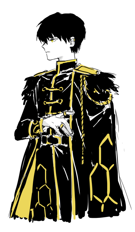 1boy aiguillette ayin_(project_moon) belt black_belt black_cape black_coat black_hair buttons cape carol0905 closed_mouth coat cowboy_shot ear_piercing epaulettes fur-trimmed_cape fur_trim gold_trim jewelry lobotomy_corporation long_sleeves looking_to_the_side male_focus multiple_rings piercing project_moon ring simple_background solo white_background