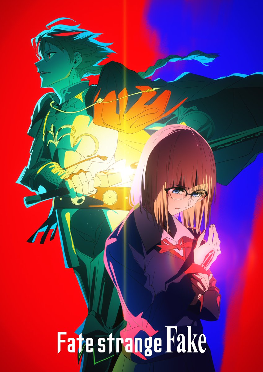 1boy 1girl black-framed_eyewear blonde_hair blue_background blue_eyes collared_shirt copyright_name fate/strange_fake fate_(series) glasses highres holding holding_sword holding_weapon key_visual looking_to_the_side multicolored_hair neck_ribbon official_art promotional_art red_background red_ribbon ribbon richard_i_(fate) sajou_ayaka_(fate/strange_fake) semi-rimless_eyewear shirt short_hair simple_background sword two-tone_hair weapon white_shirt