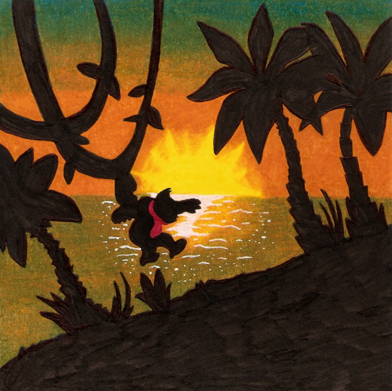 animal_focus ape donkey_kong donkey_kong_(series) english_commentary grass island jumping necktie no_humans orange_sky palm_tree plant red_necktie ripples silhouette sky solo sunset thenextgenhero traditional_media tree vines water