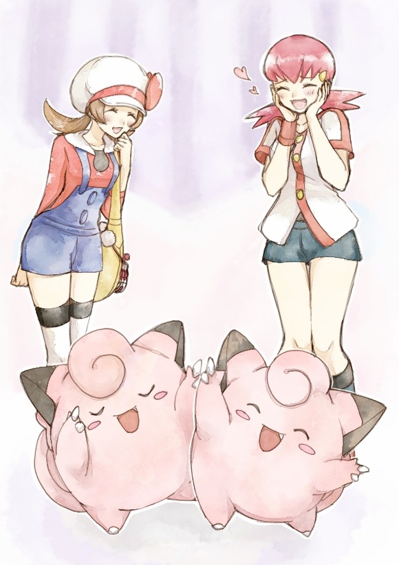 2girls :d asuka_rkgk blue_overalls brown_hair buttons clefairy closed_eyes hand_up hands_up happy hat heart jacket knees long_hair lyra_(pokemon) multiple_girls open_mouth overalls pink_hair pokemon pokemon_(creature) pokemon_(game) pokemon_hgss shirt shorts smile socks standing thigh-highs twintails white_headwear white_jacket whitney_(pokemon) wristband