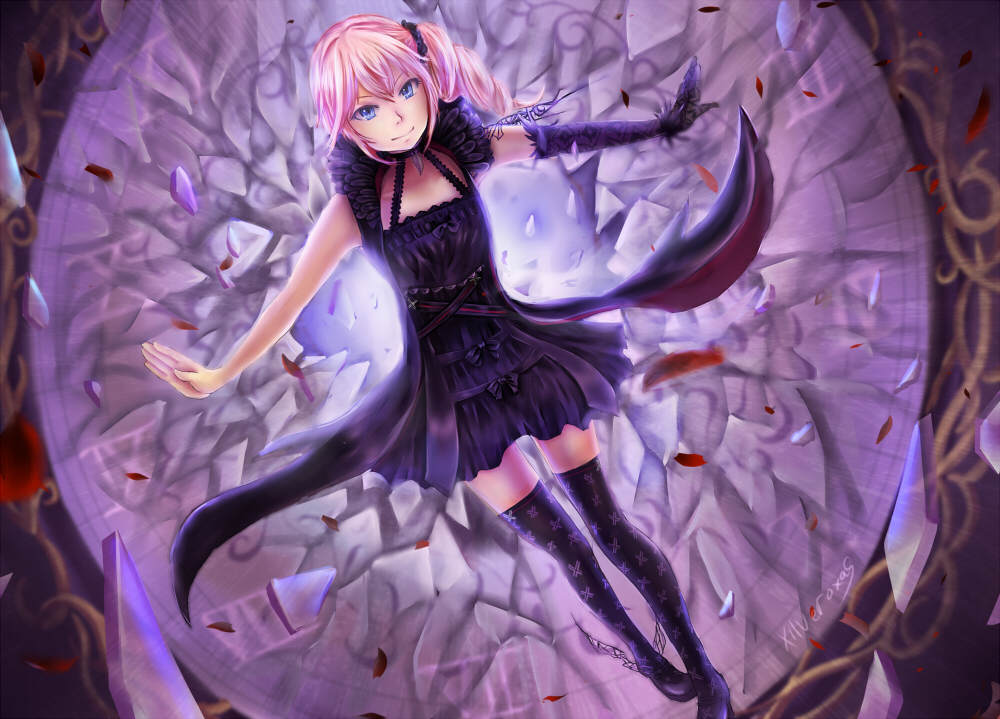 1girl artist_name asymmetrical_gloves black_dress black_footwear black_gloves black_scrunchie black_thighhighs boots bow breasts broken_glass closed_mouth crossed_bangs dress dress_bow elbow_gloves final_fantasy final_fantasy_xiii frilled_dress frills glass gloves hair_between_eyes hair_intakes hair_ornament hair_scrunchie high_heel_boots high_heels long_hair looking_at_viewer lumina one_side_up outstretched_arms outstretched_hand pink_hair print_thighhighs scrunchie side_ponytail sidelocks single_glove sleeveless sleeveless_dress small_breasts smile solo thigh-highs through_window window xilveroxas zettai_ryouiki