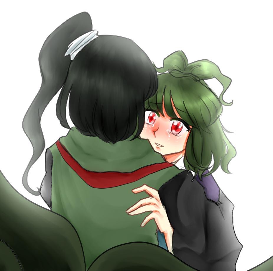 adagumo_no_saragimaru adagumo_no_yaorochi alternate_universe black_hair blunt_bangs blush cape coat collar collared_capelet crying crying_with_eyes_open earthen_miraculous_sword from_behind green_coat green_hair green_scarf hair_ornament height_difference hug japanese_clothes len'en long_hair looking_at_another m40u multiple_tails one_side_up open_mouth ponytail_holder purple_cape red_eyes red_scarf scarf short_hair short_ponytail siblings side_ponytail sleeveless_coat snake_hair_ornament snake_tail tail tears teeth upper_body white_background white_collar white_headwear