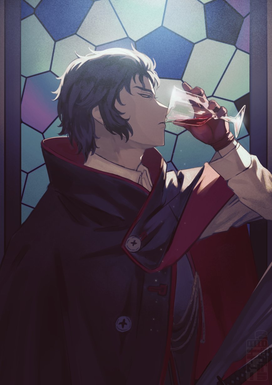 1boy aiguillette alcohol black_cloak black_eyes black_hair black_vest buttons cloak collared_shirt cup drinking drinking_glass fate/grand_order fate_(series) from_side gloves hair_slicked_back hand_up highres hijikata_toshizou_(fate) hilt holding holding_cup katana light_particles long_sleeves looking_at_object male_focus profile red_gloves shirt short_hair solo stained_glass sword teria_(teriarian) upper_body vest weapon white_shirt wine wine_glass