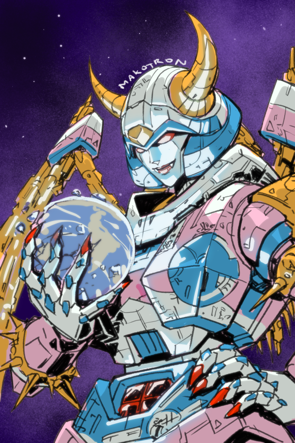 1girl arcee artist_name earth_(planet) english_commentary fangs fangs_out fusion hand_on_own_hip holding_planet horns looking_down makoto_ono mechanical_wings planet red_eyes smile space transformers unicron wings
