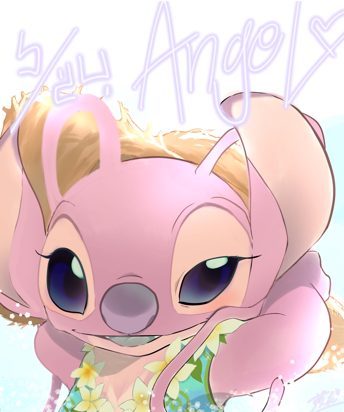 angel_(lilo_&amp;_stitch) character_name experiment_(lilo_and_stitch) flower flower_necklace highres lei lilo_&amp;_stitch looking_at_viewer no_humans open_mouth pink_fur simple_background solo upper_body white_background white_flower zundamoti2002