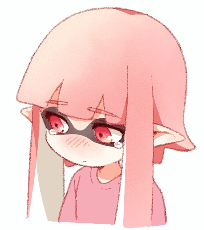 1girl closed_mouth domino_mask inkling inkling_girl light_blush light_frown mask namori no_nose pink_hair pink_shirt pointy_ears red_eyes sad shirt sidelocks simple_background solo splatoon_(series) tears upper_body white_background