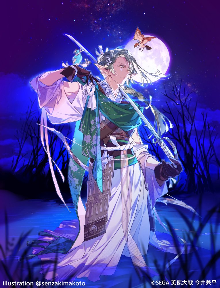 1boy arm_cutout armor artist_name bare_tree bird bird_on_hand black_gloves blonde_hair blunt_ends bow_(weapon) braid closed_mouth clouds copyright cowboy_shot eiketsu_taisen english_commentary floral_print french_braid full_moon gloves grass green_sash green_scarf hair_ornament hair_ribbon hand_up holding holding_sword holding_weapon japanese_armor japanese_clothes katana kimono kusazuri leaf_hair_ornament long_hair long_sleeves looking_at_viewer male_focus mixed-language_commentary moon night official_art outdoors over_shoulder pointy_ears ribbon rope_belt sash scarf senzaki_makoto serious sideways_glance single_braid sky solo standing star_(sky) starry_sky swept_bangs sword tree wading water weapon weapon_over_shoulder white_kimono white_ribbon yellow_eyes