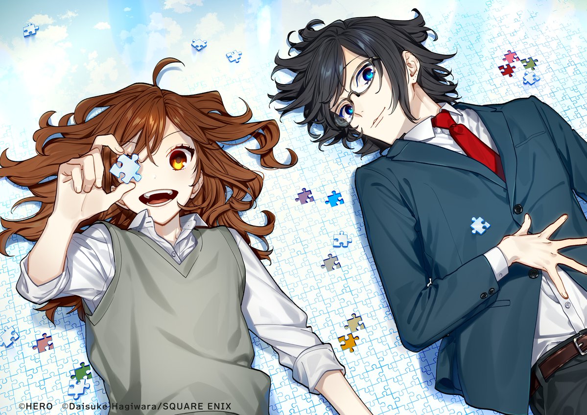1boy 1girl belt black_hair blazer blue_eyes brown_belt brown_hair buttons closed_mouth collared_shirt commentary_request glasses grey_sweater_vest hagiwara_daisuke hand_on_own_stomach holding_puzzle_piece hori-san_to_miyamura-kun hori_kyouko jacket jigsaw_puzzle katagiri_senior_high_school_uniform lapels long_hair long_sleeves looking_at_another looking_at_viewer lying medium_hair miyamura_izumi necktie notched_lapels official_art on_back one_eye_covered open_collar open_mouth orange_eyes puzzle puzzle_piece red_necktie school_uniform second-party_source shirt sweater_vest teeth upper_body white_shirt
