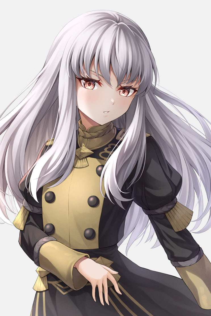 1girl buttons commentary fire_emblem fire_emblem:_three_houses floating_hair garreg_mach_monastery_uniform juliet_sleeves long_hair long_sleeves looking_at_viewer lysithea_von_ordelia parted_lips pink_eyes puffy_sleeves simple_background solo ten_(tenchan_man) uniform white_background white_hair