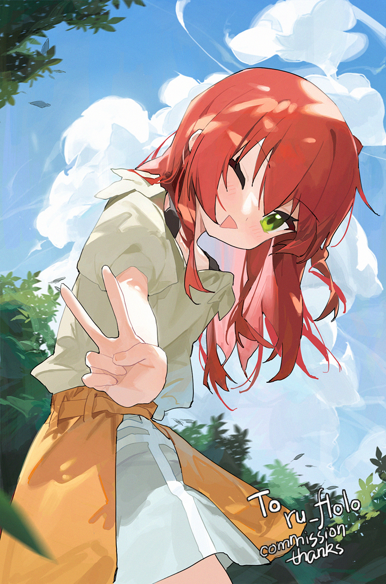 1girl :d blue_sky bocchi_the_rock! clouds commission day from_below green_eyes head_tilt kita_ikuyo long_hair looking_at_viewer measho one_eye_closed orange_skirt outdoors puffy_short_sleeves puffy_sleeves redhead shirt short_sleeves skirt sky smile standing thank_you tree triangle_mouth v white_shirt