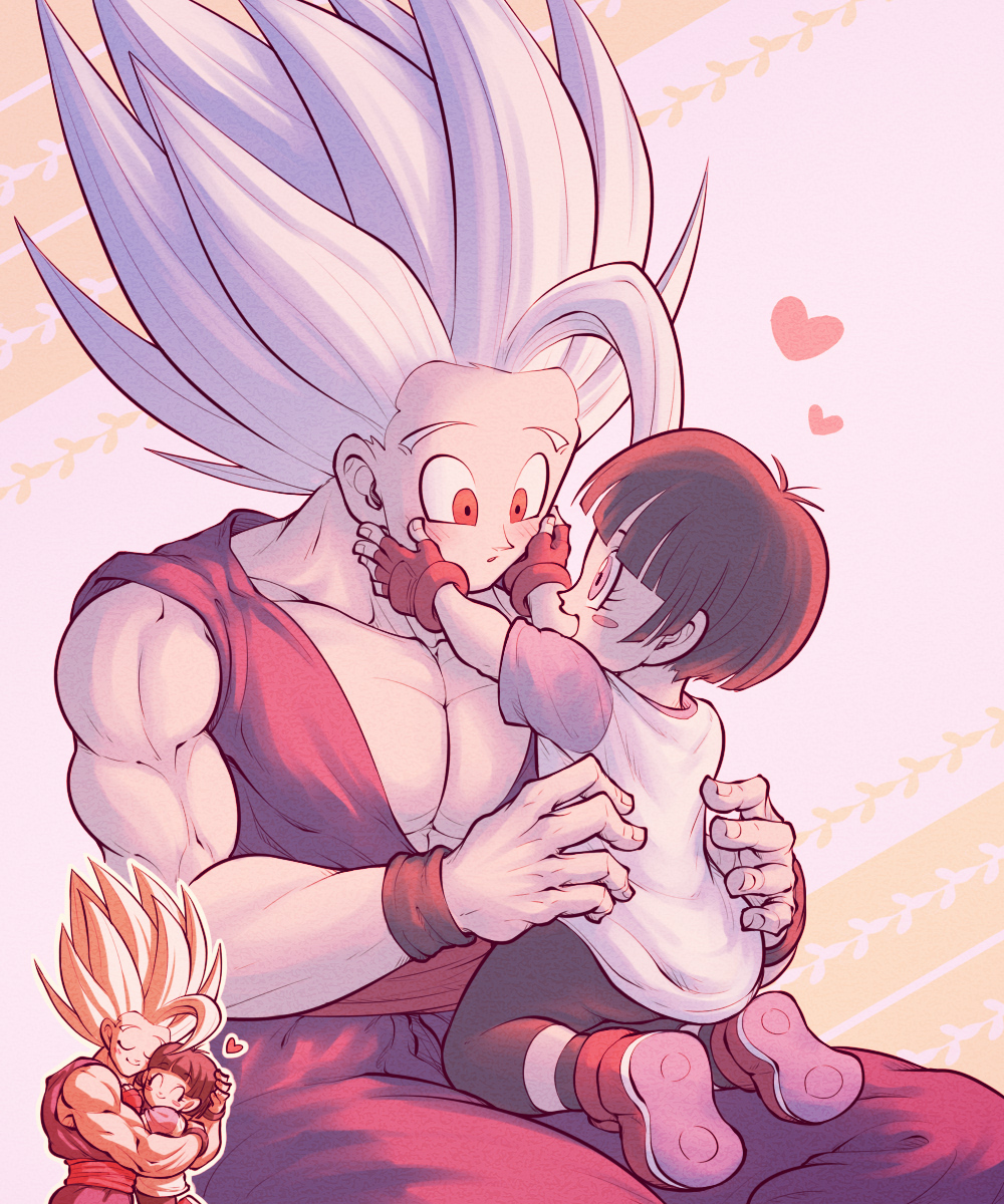 1boy 1girl :d :o ^_^ biceps black_hair black_pants black_wristband blunt_bangs blush blush_stickers boots brown_footwear brown_gloves child closed_eyes closed_mouth collarbone commentary_request dougi dragon_ball dragon_ball_super dragon_ball_super_super_hero eye_contact eyelashes father_and_daughter female_child fingerless_gloves gloves gohan_beast hands_up happy heart highres hug koukyouji looking_at_another muscular muscular_male open_mouth pan_(dragon_ball) pants pectorals red_eyes red_sash sash shirt short_hair short_sleeves simple_background sitting smile son_gohan spiky_hair t-shirt two-tone_background white_background white_hair white_shirt wristband
