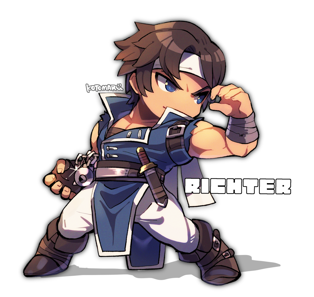 1boy arm_belt artist_name blue_coat blue_eyes boots brown_footwear brown_gloves brown_hair castlevania chain character_name coat collarbone dagger fingernails full_body gloves headband knife kotorai male_focus muscular muscular_male no_nose pants richter_belmont short_hair single_glove solo super_smash_bros. torn_clothes torn_sleeves weapon white_background white_headband white_pants