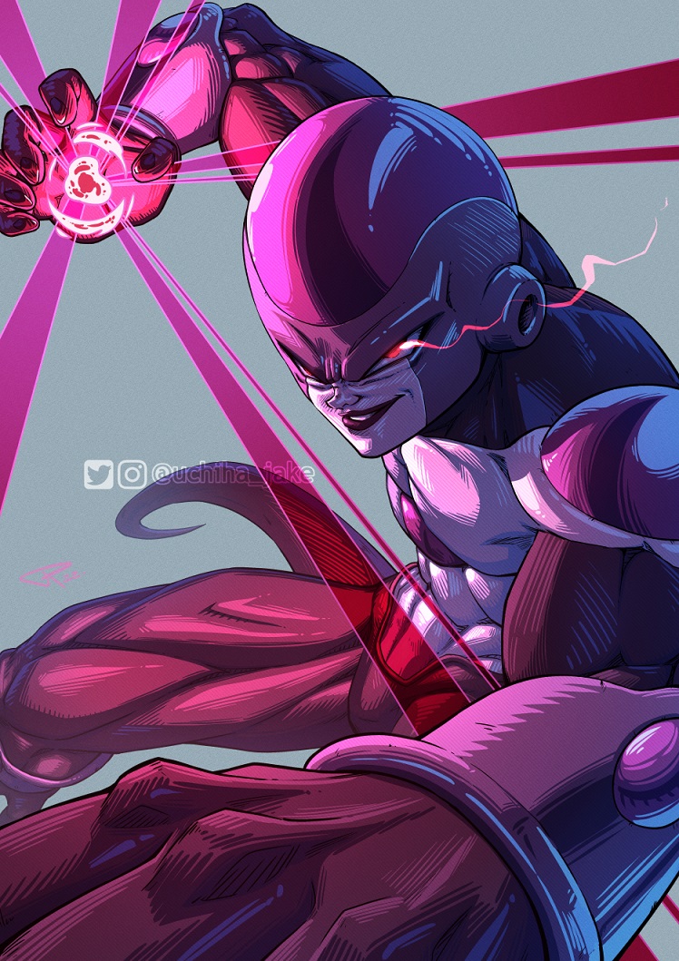 1boy arm_up artist_name biceps black_frieza black_lips bracer colored_skin commentary dragon_ball dragon_ball_super energy english_commentary evil_smile frieza gem glowing glowing_eye grey_background instagram_logo instagram_username lips male_focus muscular muscular_male parted_lips purple_gemstone red_eyes signature simple_background smile solo tail twitter_logo twitter_username uchiha_jake v-shaped_eyebrows
