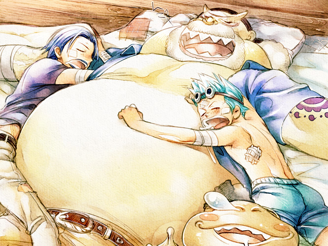 bandaid bandana beard bed blush_stickers drooling facial_hair franky goggles goggles_on_head iceburg jii mustache one_piece open_clothes open_mouth open_shirt saliva shirt sleeping stitches tattoo tom_(one_piece) yokozuna young