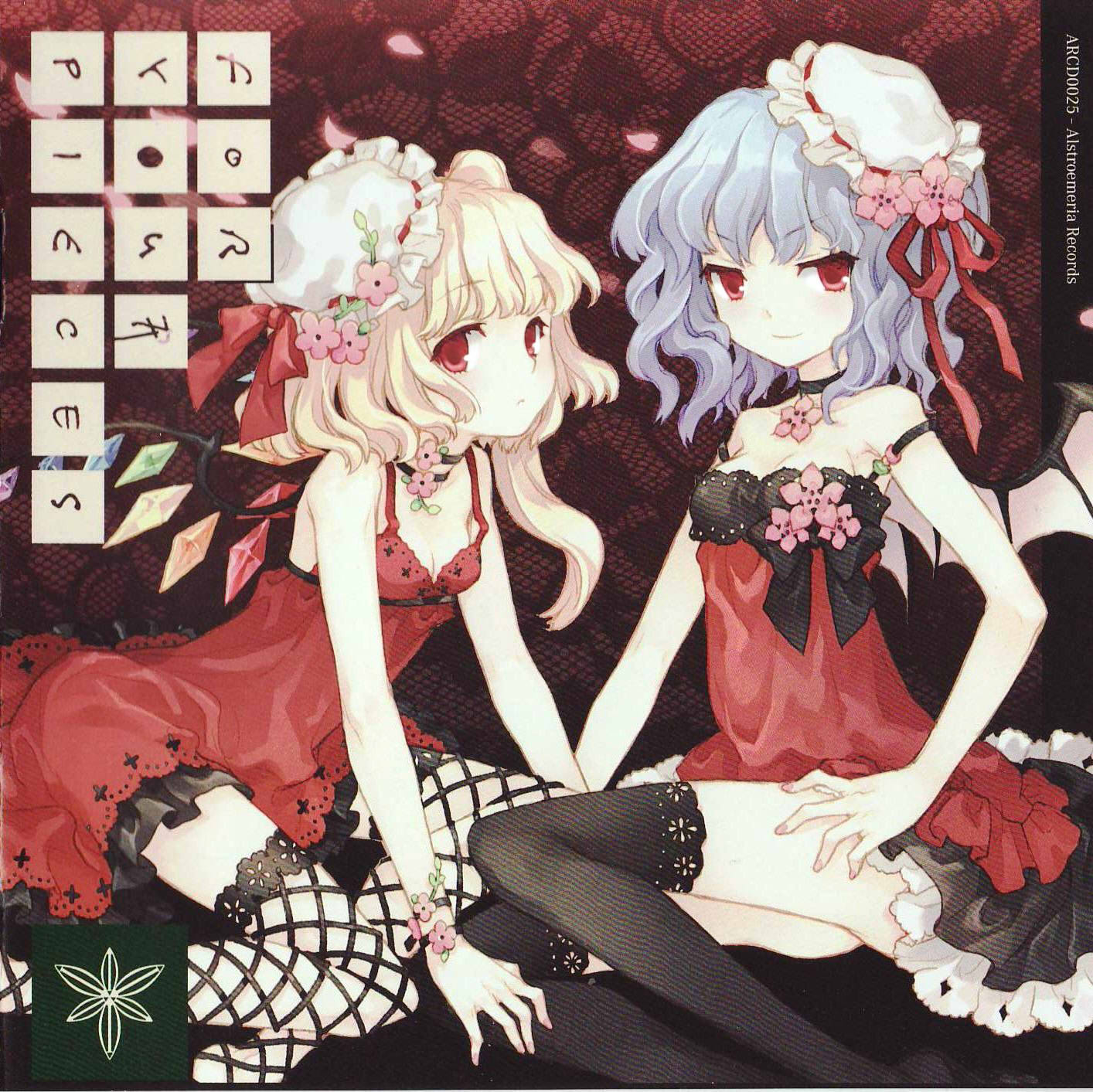 2girls absurdres bare_shoulders bat_wings bonnet cd_cover choker fishnets flandre_scarlet frills lace lingerie nail_polish petals red_eyes remilia_scarlet scan scanning_artifacts sitting stockings wings