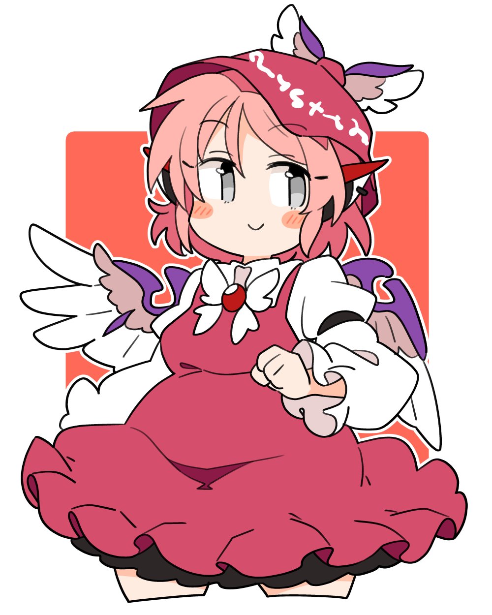 1girl animal_ears bird_ears bird_wings blush_stickers brown_dress brown_headwear closed_mouth collared_shirt cowboy_shot cropped_legs dress frilled_dress frilled_sleeves frills grey_eyes hat highres ini_(inunabe00) long_sleeves mystia_lorelei pink_hair shirt short_hair simple_background sleeve_garter smile solo touhou white_background white_shirt white_wings winged_hat wings