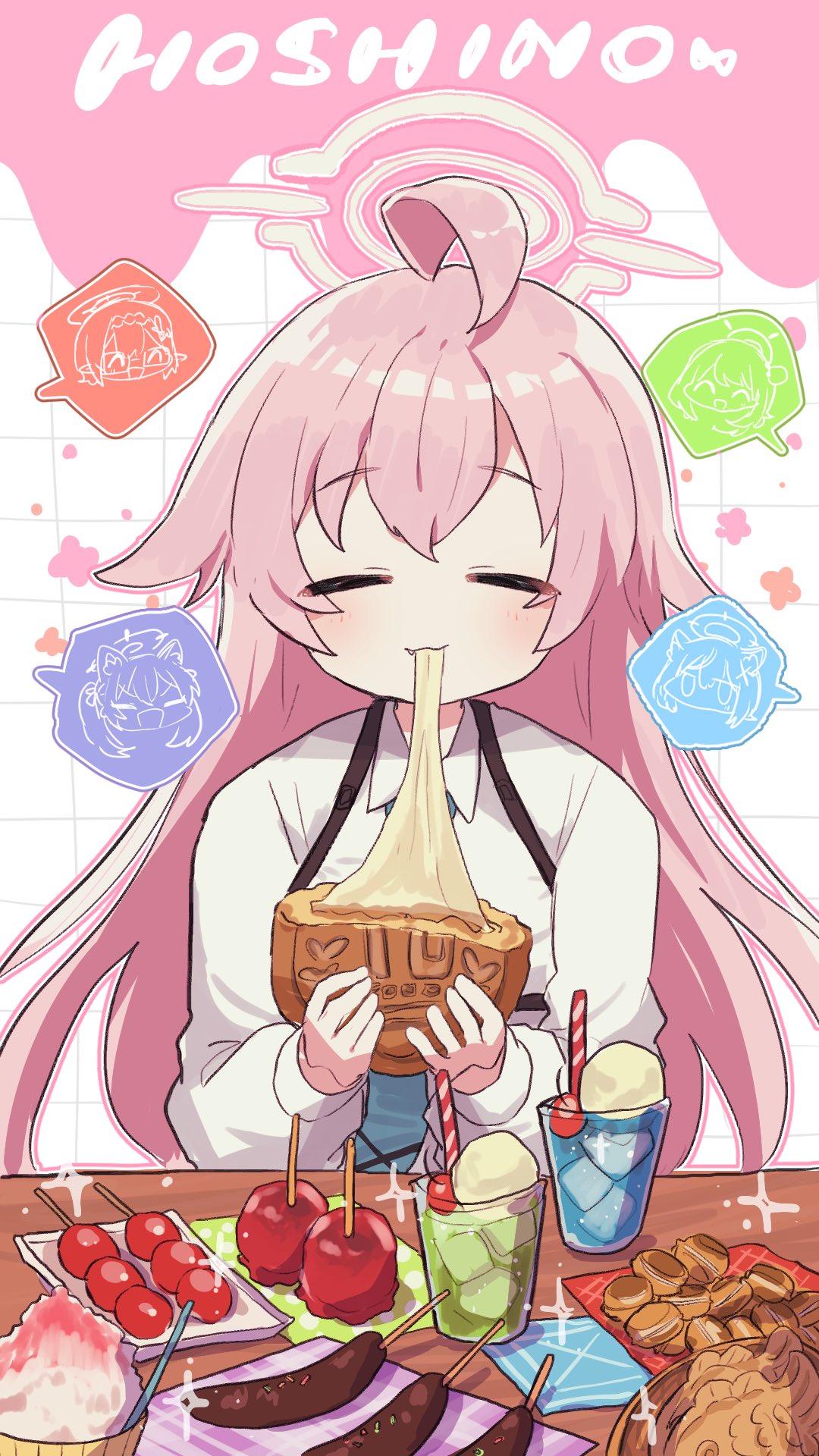1girl ahoge ayane_(blue_archive) blue_archive blue_necktie candy_apple character_name chocolate_banana collared_shirt cup dango dessert eating facing_viewer fang food hair_between_eyes highres hoshino_(blue_archive) ice_cream light_blush long_hair macaron necktie nonomi_(blue_archive) out_of_frame serika_(blue_archive) shaved_ice shiroko_(blue_archive) shirt solo spoken_character table upper_body wagashi white_shirt wotakana_s
