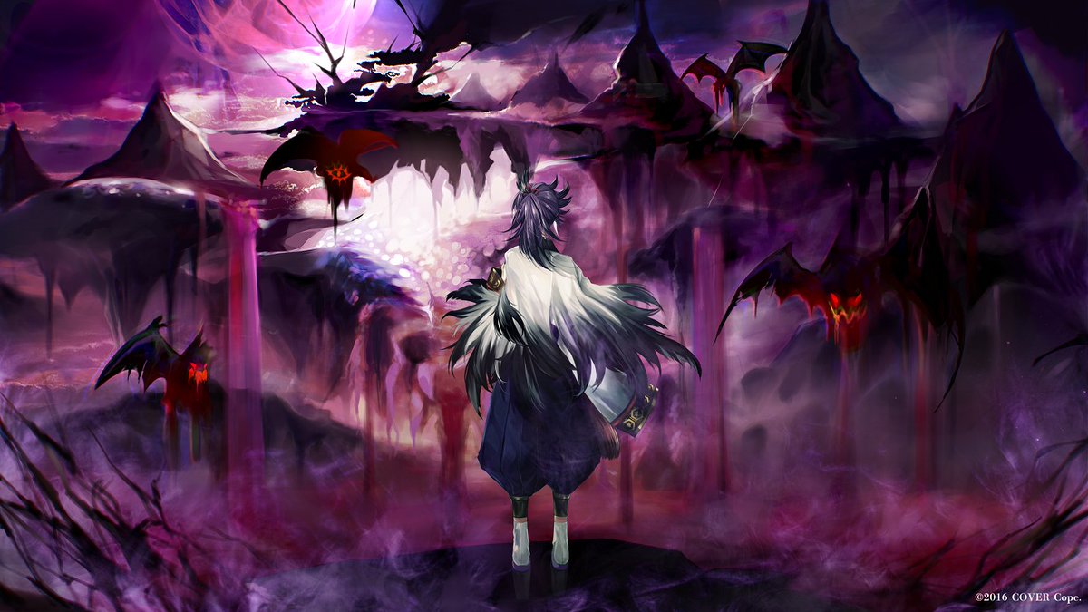 1boy banzoin_hakka bare_tree bat_(animal) clouds copyright crown_(artist) english_commentary eye_symbol facing_away feather-trimmed_sleeves feather_hair_ornament feathers floating_island from_behind full_body hair_ornament haori holostars holostars_english jacket japanese_clothes kimono long_hair male_focus mixed-language_commentary monster moon multicolored_hair official_art okobo pants ponytail puffy_pants purple_hair purple_pants purple_sky red_moon sky socks solo standing streaked_hair tabi tree virtual_youtuber water waterfall white_hair white_jacket white_kimono white_socks