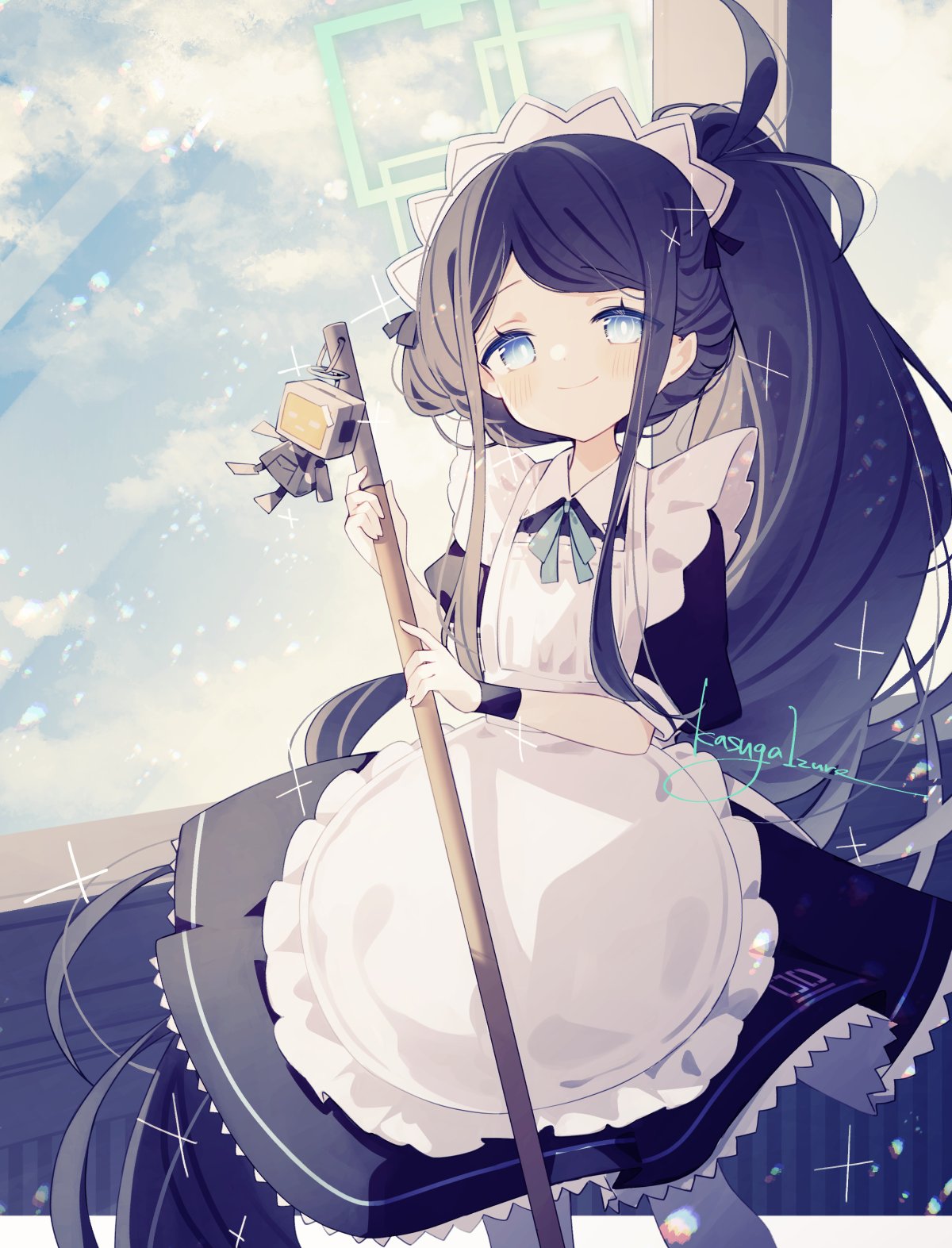&lt;key&gt;_(robot)_(blue_archive) 1girl absurdly_long_hair apron aqua_ribbon aris_(blue_archive) aris_(maid)_(blue_archive) artist_name black_dress black_hair blue_archive blue_hair blue_sky blush bright_pupils commentary cropped_legs dress frilled_skirt frilled_sleeves frills halo highres holding holding_staff kasuga_haruhi keychain long_hair looking_at_viewer maid maid_apron maid_headdress neck_ribbon pantyhose puffy_short_sleeves puffy_sleeves ribbon short_sleeves side_ponytail skirt sky smile staff very_long_hair white_apron white_pantyhose white_pupils