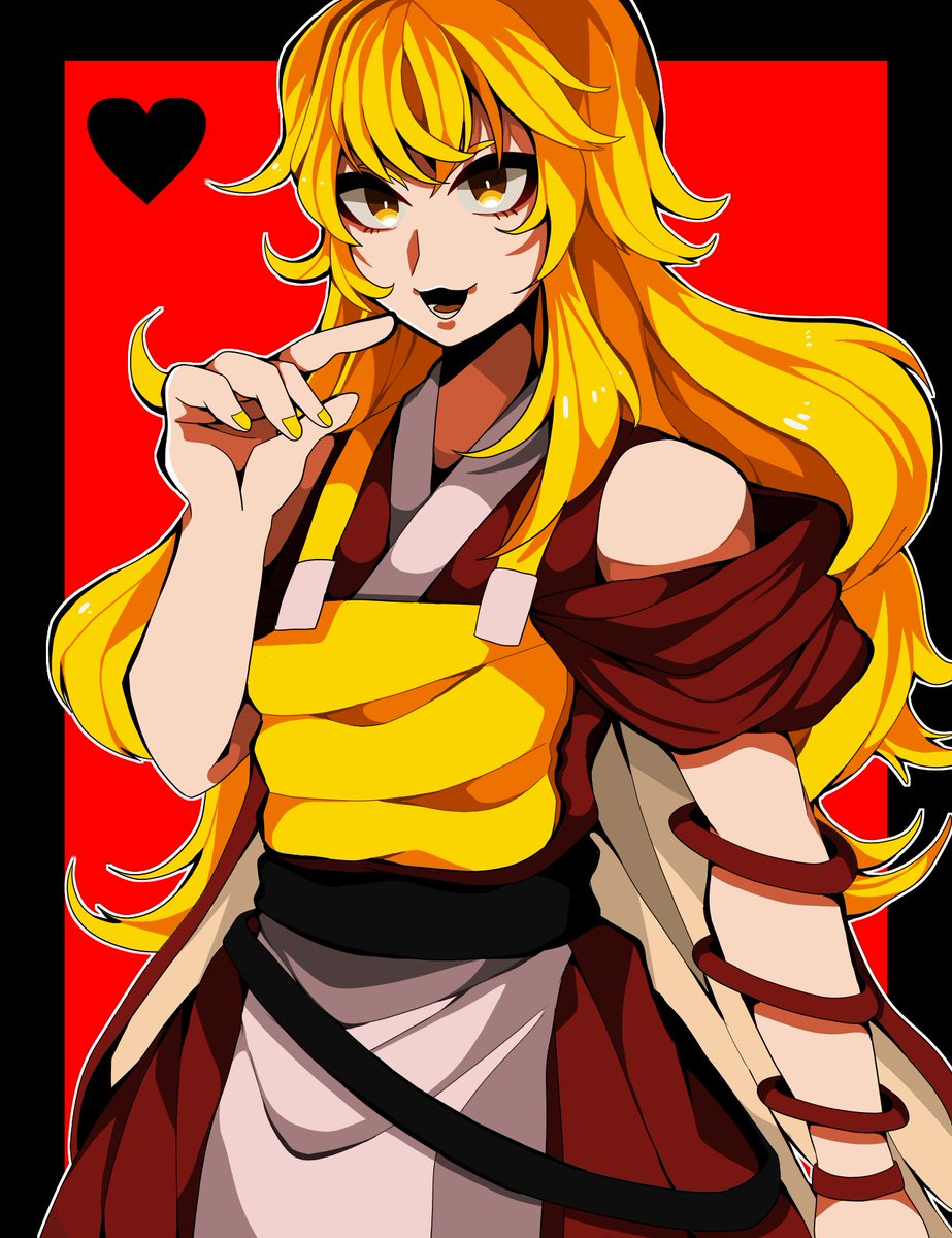 1jumangoku 1other androgynous arm_ribbon armor black_sash blonde_hair breastplate cape detached_sleeves eyelashes finger_to_mouth hair_undone heart highres japanese_clothes kimono len'en long_hair looking_at_viewer lower_teeth_only nail_polish ooama_no_ake_no_mitori open_mouth red_background red_kimono red_ribbon red_sleeves ribbon sash short_sleeves single_sidelock sleeveless sleeveless_kimono smile teeth upper_body white_cape wide_sleeves yellow_eyes yellow_nails
