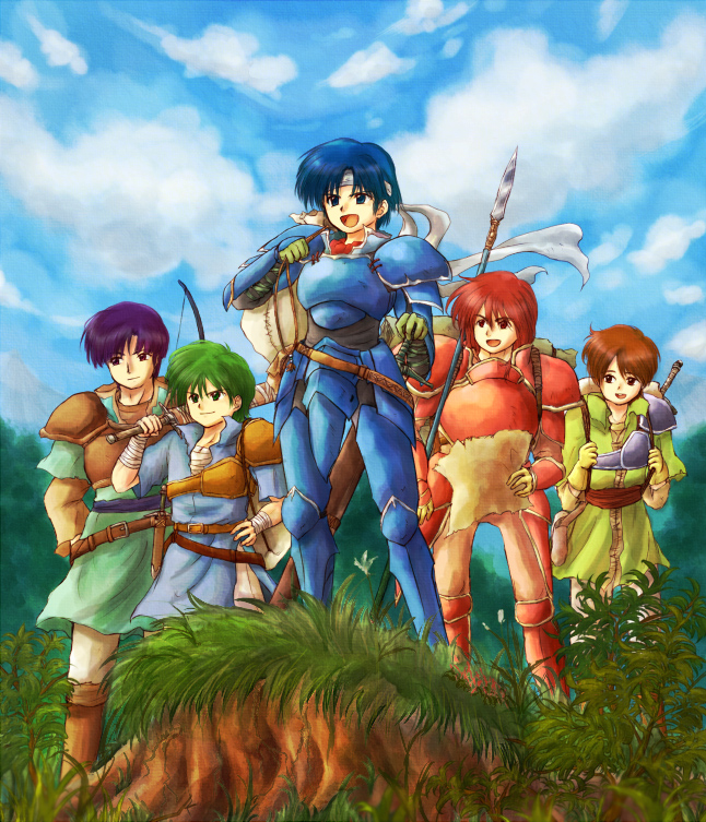 5boys :d alm_(fire_emblem) blue_armor blue_eyes blue_hair brown_hair fire_emblem fire_emblem_gaiden gray_(fire_emblem) green_hair holding holding_map holding_sword holding_weapon kliff_(fire_emblem) lukas_(fire_emblem) map multiple_boys open_mouth outdoors purple_hair red-50869 red_armor redhead smile standing sword tobin_(fire_emblem) weapon