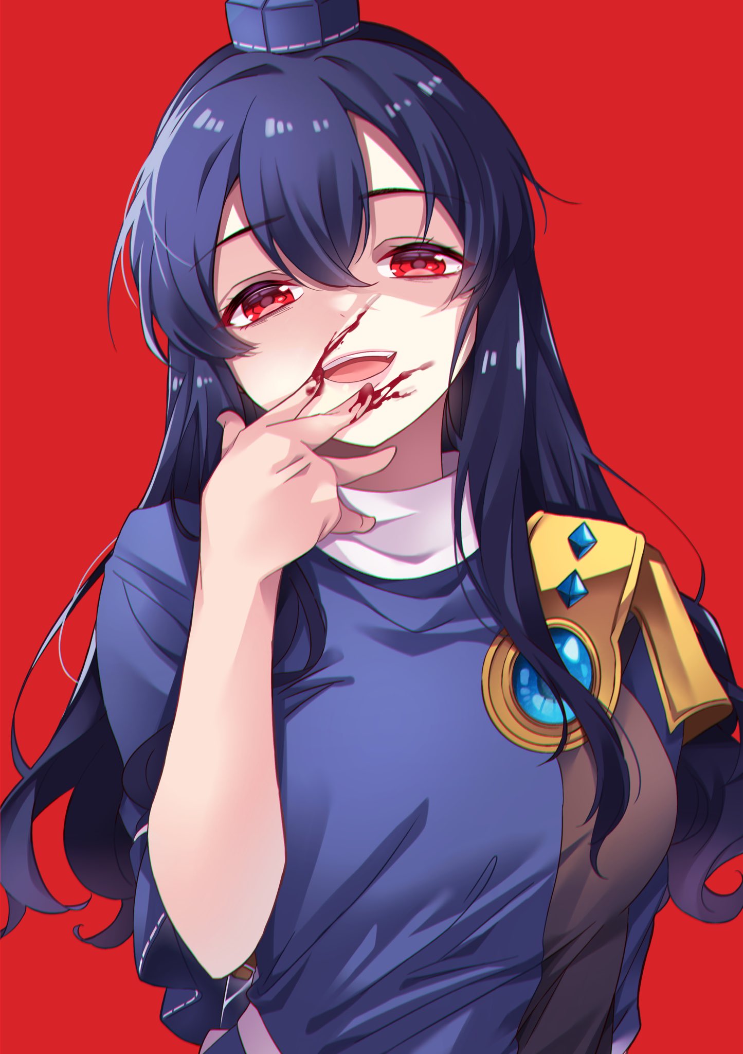 1girl blood blood_on_face blood_on_hands blue_dress blue_hair blue_headwear breasts brown_dress dress evil_smile highres iizunamaru_megumu long_hair looking_at_viewer meimei_(meimei89008309) red_background red_eyes short_sleeves smile solo touhou two-tone_dress wiping_blood