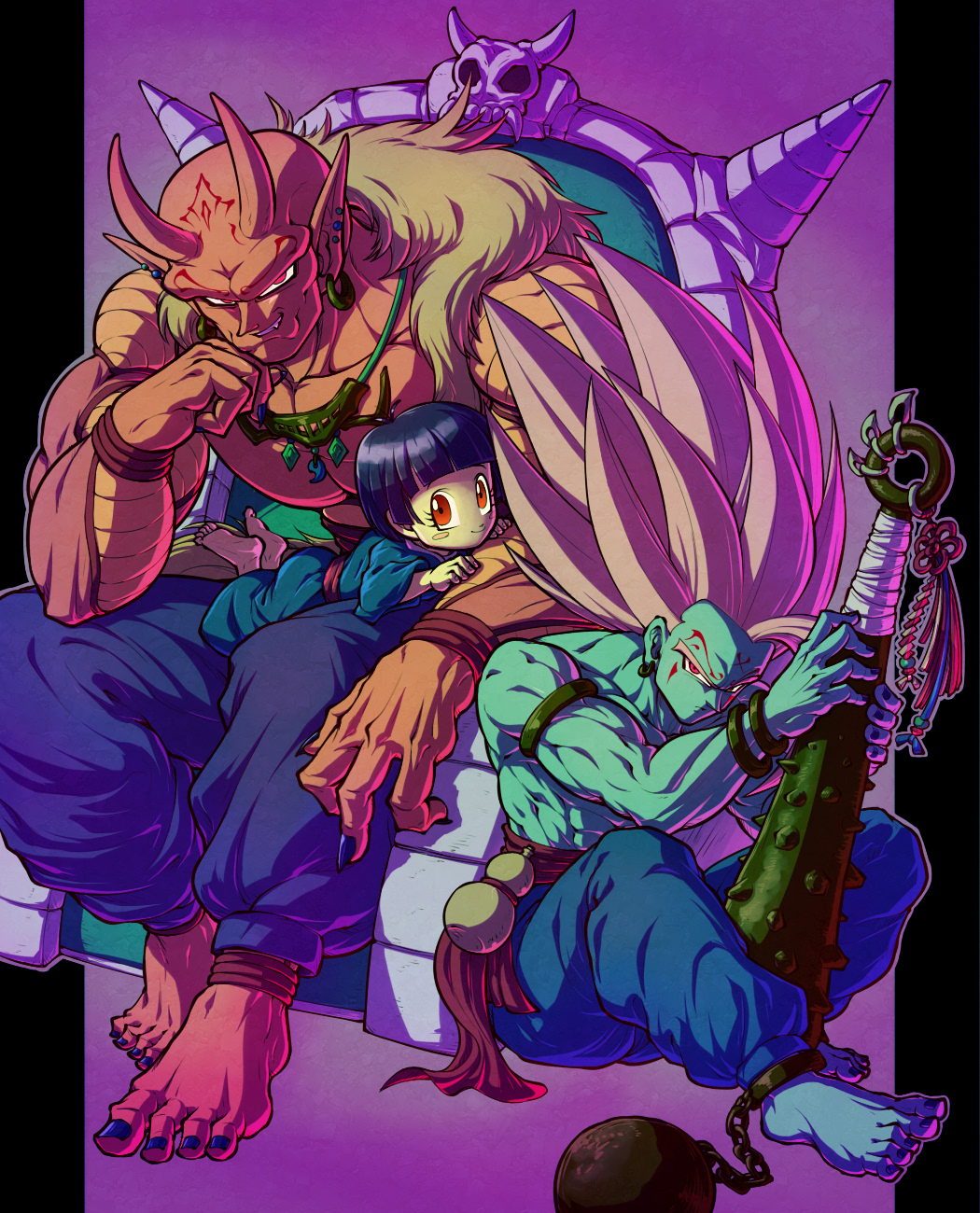 1girl 2boys alternate_skin_color ankle_cuffs armlet baggy_pants ball_and_chain_restraint barefoot biceps black_hair black_nails blue_pants blue_robe blue_skin blunt_bangs blush blush_stickers bracelet chain child closed_mouth club_(weapon) colored_skin commentary_request dragon_ball dragon_ball_super dragon_ball_super_super_hero ear_piercing earrings eyelashes facial_tattoo fang father_and_daughter feet female_child fingernails flower_knot forehead_tattoo frown gohan_beast gourd grey_hair hand_up hands_up highres horns jewelry kanabou koukyouji long_fingernails looking_at_viewer lying lying_on_lap multiple_boys muscular muscular_male necklace on_stomach oni oni_horns orange_piccolo orange_skin pan_(dragon_ball) pants parted_lips pectorals piccolo piercing pillarboxed pointy_ears purple_background purple_pants red_eyes red_sash robe sash serious short_hair simple_background sitting skin-covered_horns skull smile son_gohan spiked_club spiky_hair tassel tattoo teeth throne toenails toes topless_male v-shaped_eyebrows weapon