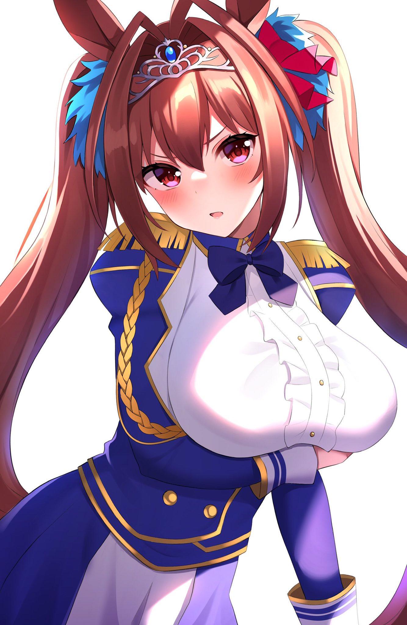1girl animal_ears breasts brown_hair daiwa_scarlet_(umamusume) epaulettes hair_between_eyes hair_ornament highres horse_ears horse_girl large_breasts long_hair looking_at_viewer open_mouth red_eyes simple_background solo tiara twintails umamusume uniform white_background zeatto