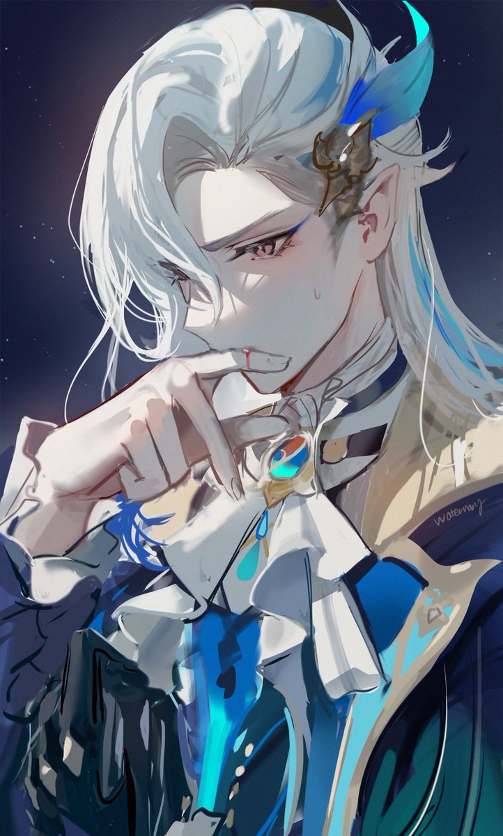 0jae 1boy biting black_gloves blood blue_hair character_request finger_biting genshin_impact gloves hair_between_eyes hair_ornament highres long_hair long_sleeves male_focus multicolored_hair pink_eyes pointy_ears signature simple_background single_glove solo sweat upper_body white_hair
