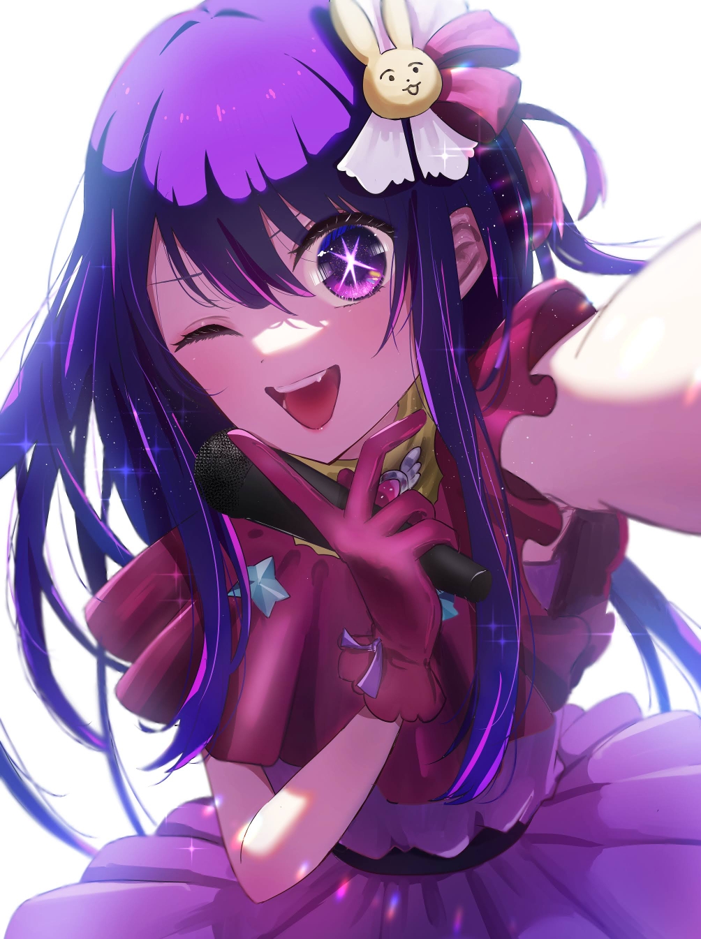 1girl ;d belt black_belt brooch commentary_request cowboy_shot dress frilled_dress frilled_gloves frills gloves hair_between_eyes hair_ornament hair_ribbon heart heart_brooch highres holding holding_microphone hoshino_ai_(oshi_no_ko) idol idol_clothes jewelry light_particles long_hair looking_at_viewer making-of_available microphone one_eye_closed one_side_up open_mouth oshi_no_ko partial_commentary pink_dress pink_gloves pink_ribbon purple_hair rabbit_hair_ornament ribbon sakurano.neko sidelocks simple_background smile solo teeth upper_teeth_only v v_over_mouth violet_eyes white_background