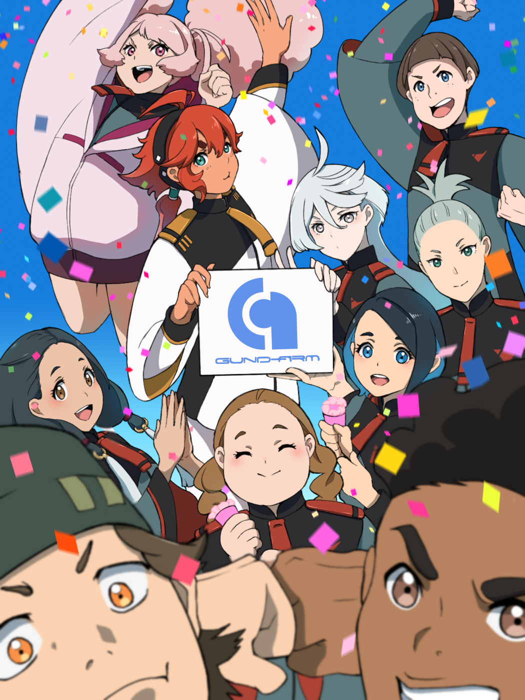 4boys 6+girls :d afro_puffs ahoge aliya_mahvash aqua_eyes asticassia_school_uniform beanie black_hair black_hairband blue_eyes blue_hair blue_jacket blush braid brown_eyes brown_hair chuatury_panlunch closed_eyes closed_mouth colored_inner_hair commentary_request confetti dark-skinned_male dark_skin double_bun fist_bump green_jacket grey_eyes grey_hair gundam gundam_suisei_no_majo hair_between_eyes hair_bun hairband hat highres holding holding_party_popper holding_sign hood hoodie jacket jumping lilique_kadoka_lipati logo long_hair long_sleeves looking_at_viewer low_ponytail martin_upmont miorine_rembran multicolored_hair multiple_boys multiple_girls nika_nanaura nuno_kargan ojelo_gabel open_mouth pink_eyes pink_hair pink_hoodie puffy_long_sleeves puffy_sleeves redhead sakai_wau school_uniform short_hair shoulder_boards sign smile suletta_mercury swept_bangs thick_eyebrows till_nys twin_braids two-tone_hair v-shaped_eyebrows white_hair white_jacket wide_sleeves yellow_eyes