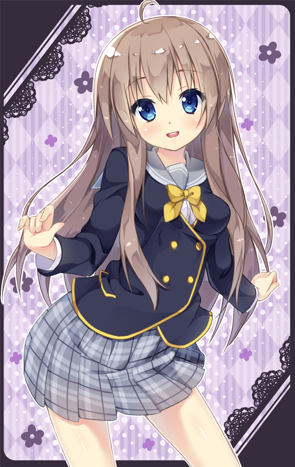 1girl :d akishisu_(air_balance) alternate_costume black_jacket blue_eyes blush bow bowtie breasts checkered_background commentary_request cowboy_shot eyelashes grey_sailor_collar grey_skirt hair_between_eyes hair_down hands_up happy head_tilt jacket light_brown_hair long_hair long_sleeves looking_at_viewer medium_breasts miniskirt open_mouth plaid plaid_skirt pleated_skirt purple_background round_teeth sailor_collar sanoba_witch school_uniform shiiba_tsumugi shiny_skin sidelocks simple_background skirt smile solo standing straight-on teeth upper_teeth_only yellow_bow yellow_bowtie