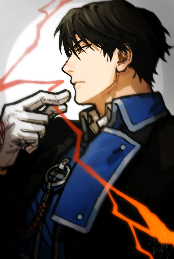 1boy aiguillette alchemy amestris_military_uniform black_coat black_eyes black_hair black_outline blue_jacket buttons circle closed_mouth coat collared_jacket collared_shirt double-breasted electricity expressionless frown fullmetal_alchemist gloves grey_background grmms_otk hair_between_eyes half-closed_eyes hand_up jacket jitome looking_afar magic_circle male_focus military_jacket military_uniform outline profile roy_mustang shirt signature silver_trim simple_background snapping_fingers swept_bangs two-tone_background uniform upper_body white_gloves white_shirt