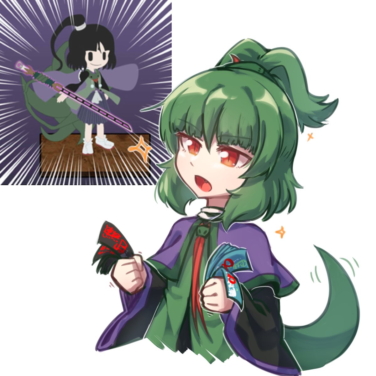 2others adagumo_no_saragimaru adagumo_no_yaorochi androgynous black_hair black_kimono black_sleeves blue_sky blunt_bangs buttons cape capelet coat collared_capelet detached_sleeves emphasis_lines fang frilled_cape game_screenshot_inset green_coat green_hair green_kimono green_scarf green_trim hair_ornament hakama hakama_skirt highres holding_ticket japanese_clothes kimono len'en long_hair long_sleeves looking_ahead motion_lines multiple_others multiple_tails one_side_up open_mouth pom_pom_(clothes) ponytail_holder purple_cape purple_capelet purple_trim red_eyes red_scarf sandals scarf short_hair short_ponytail siblings side_ponytail skirt sky sleeveless_coat slit_pupils snake_hair_ornament snake_tail socks sparkle tail tail_wagging upper_body v-shaped_eyebrows white_capelet white_headwear white_socks wide_sleeves yuejiao_tuan