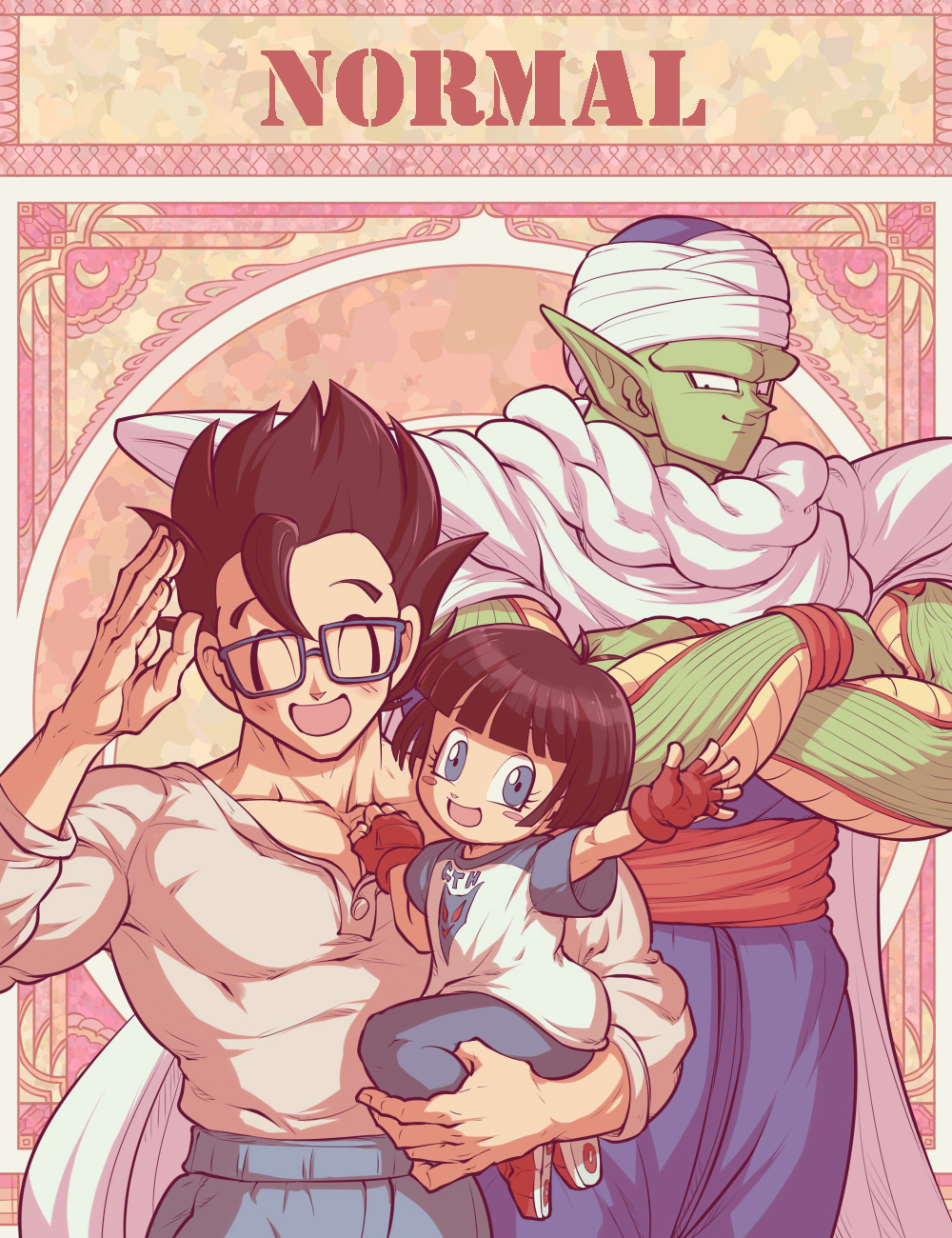 1girl 2boys :d ^_^ arm_up biceps black-framed_eyewear black_hair blue_eyes blue_pants blunt_bangs blush blush_stickers cape carrying child closed_eyes closed_mouth collarbone colored_skin commentary_request dougi dragon_ball dragon_ball_super dragon_ball_super_super_hero eyelashes father_and_daughter female_child fingerless_gloves glasses gloves green_skin hand_up highres koukyouji long_sleeves looking_at_viewer multiple_boys muscular muscular_male namekian open_mouth pan_(dragon_ball) pants piccolo pointy_ears print_shirt rectangular_eyewear red_footwear red_gloves red_sash sash shirt shoes short_hair short_sleeves shoulder_pads smile smirk son_gohan spiky_hair t-shirt turban v-shaped_eyebrows white_cape white_shirt