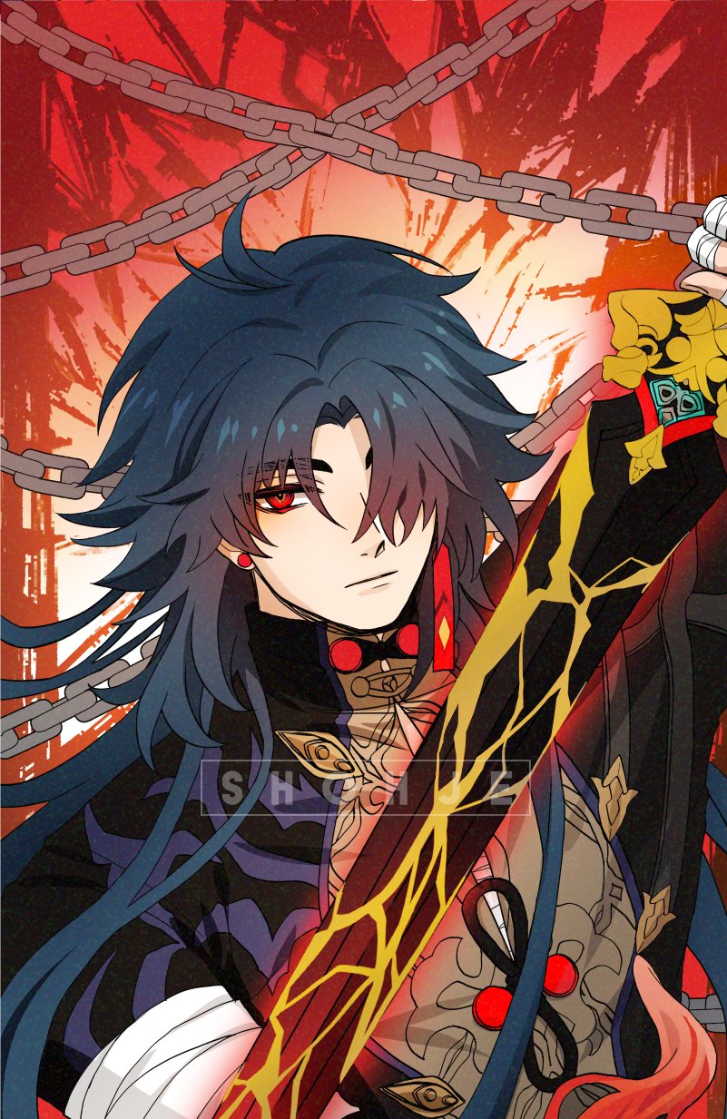1boy artist_name black_hair black_jacket blade_(honkai:_star_rail) chain chinese_clothes closed_mouth earrings hair_over_one_eye highres holding holding_sword holding_weapon honkai:_star_rail honkai_(series) jacket jewelry male_focus multicolored_background multicolored_hair one_eye_covered orange_background red_background red_eyes redhead shirt shohje solo stud_earrings sword tassel tassel_earrings weapon yellow_background yellow_shirt