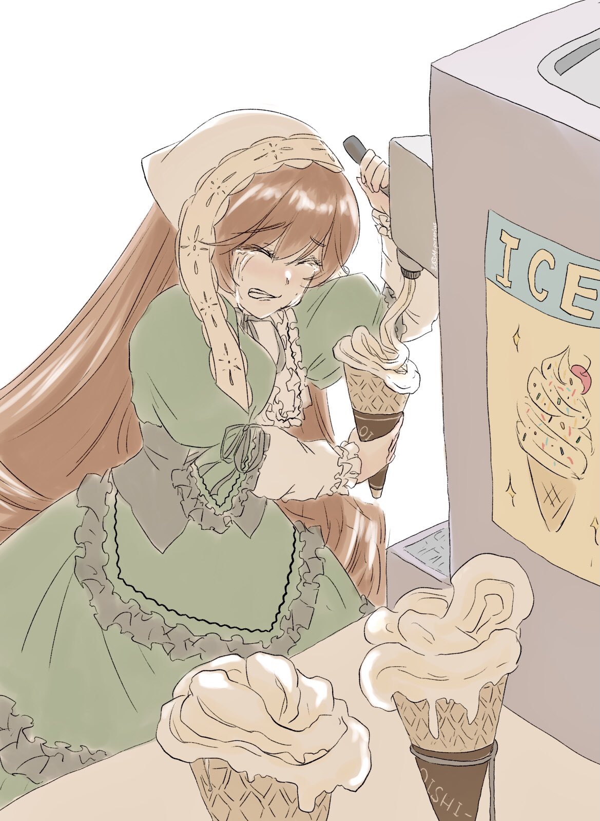1girl brown_hair closed_eyes commentary crying dress food green_dress head_scarf highres ice_cream ice_cream_cone kiru_(m_putorius) long_hair long_sleeves rozen_maiden simple_background sketch soft_serve solo suiseiseki very_long_hair white_background you're_doing_it_wrong